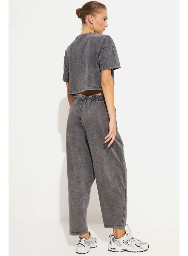 جون June Women Elastic Waist Cotton Blend Wash Woven Trouser Anthracite