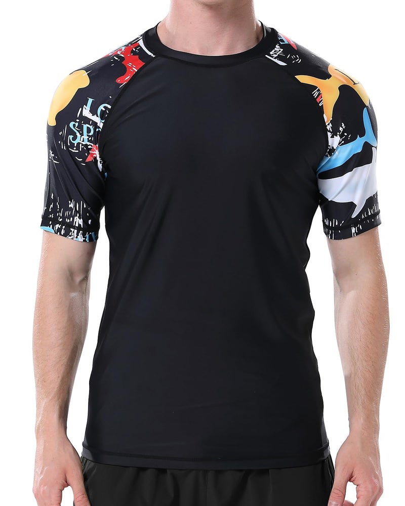 VAYAGER Men's Swim Shirts Rash Guard UPF 50+ Short Sleeve Sun Protection Fishing Tops for Surfing(Black-Pattern M) - Image 1