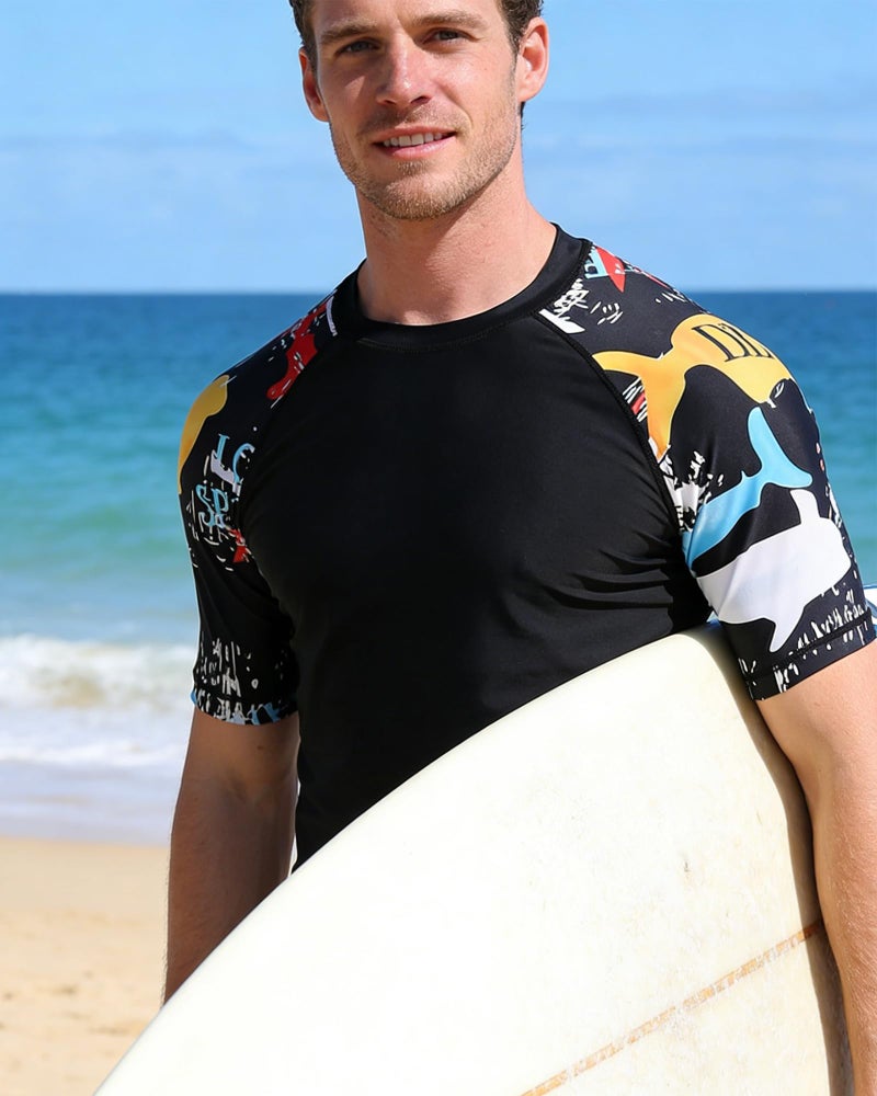 VAYAGER Men's Swim Shirts Rash Guard UPF 50+ Short Sleeve Sun Protection Fishing Tops for Surfing(Black-Pattern M) - Image 3