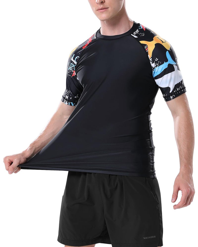 VAYAGER Men's Swim Shirts Rash Guard UPF 50+ Short Sleeve Sun Protection Fishing Tops for Surfing(Black-Pattern M) - Image 5