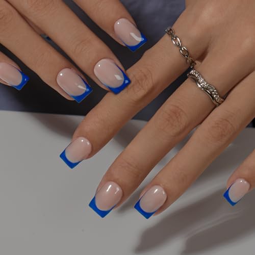 KQueenest Royal Blue French Tip Press On Nails Short Square, 30 Pcs Acrylic Press On Nails With Glue, Natural Nude Short Fake Nails Press ons, Reusable Glossy Soft Gel Glue on Nails for Women - Image 2