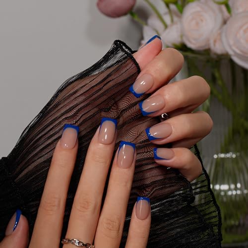 KQueenest Royal Blue French Tip Press On Nails Short Square, 30 Pcs Acrylic Press On Nails With Glue, Natural Nude Short Fake Nails Press ons, Reusable Glossy Soft Gel Glue on Nails for Women - Image 1