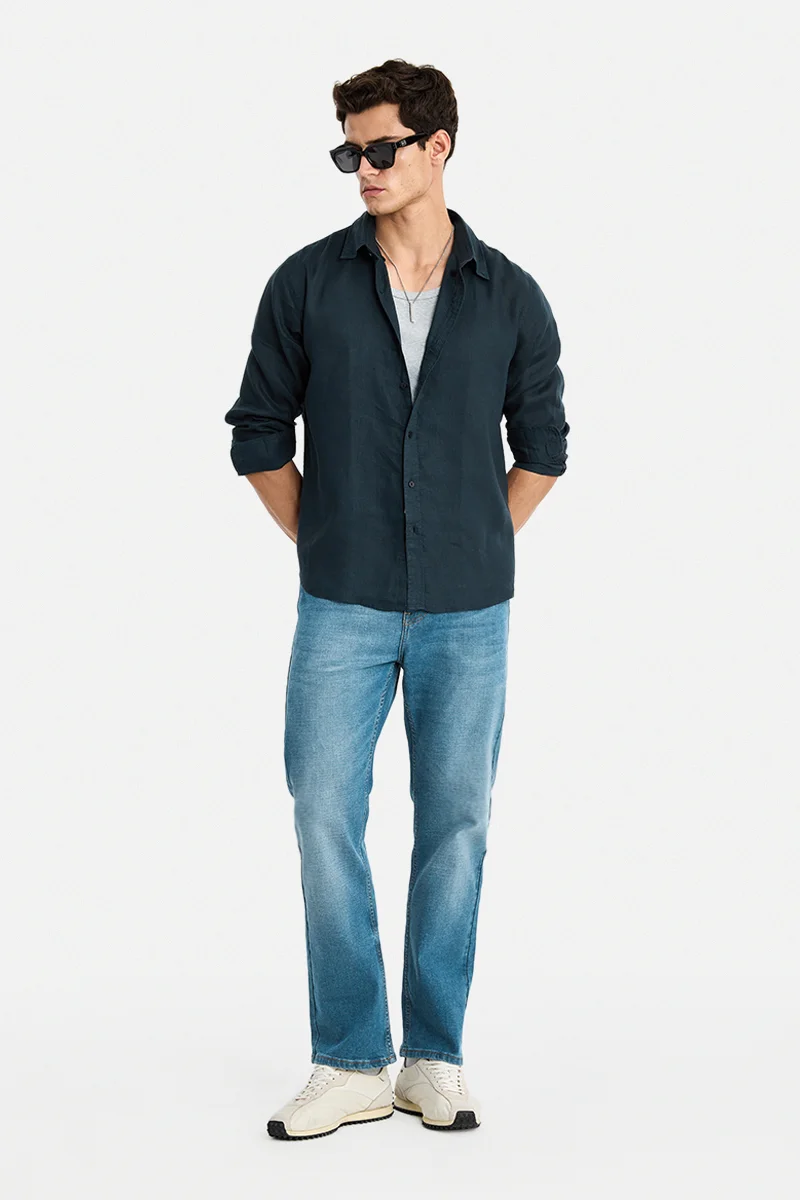 سنيتش Navy Blue Solid Long Sleeve Regular Fit Shirt