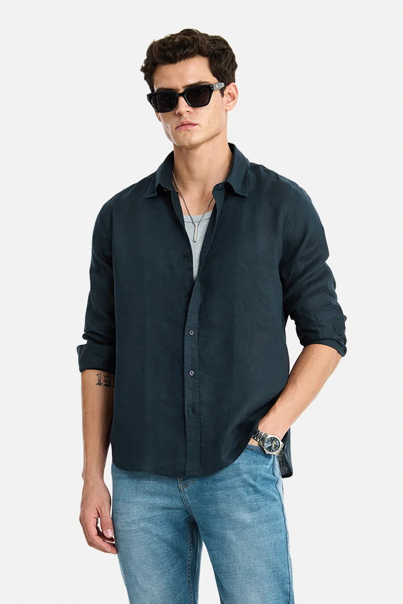 سنيتش Navy Blue Solid Long Sleeve Regular Fit Shirt