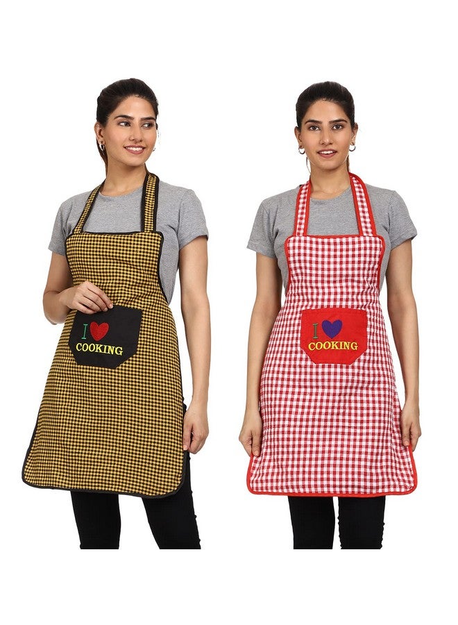 JMi Cotton Checkered Design Waterproof Apron with Multipurpose Front Large Embroidered Pocket Pack of 2 (RED & Yellow) - Image 1