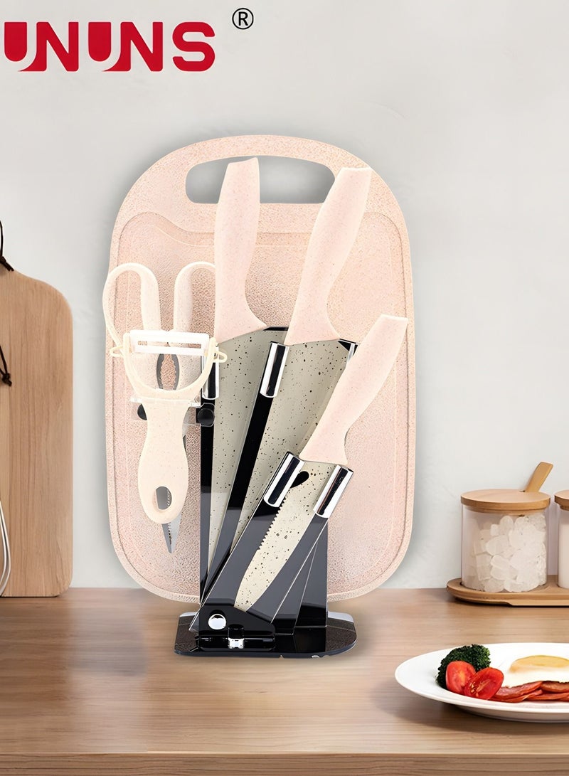 UNUNS 7-Piece Kitchen Knive Set,Chopping Boards Set With 3 Knifes And 1 Scissor,Chef Chopping Board With Grooves For Meat Fruits Veggies,Dishwasher Safe,Beige - Image 2