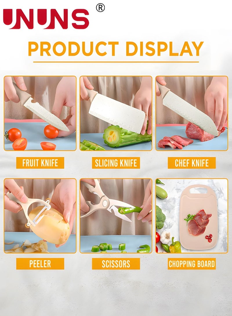 UNUNS 7-Piece Kitchen Knive Set,Chopping Boards Set With 3 Knifes And 1 Scissor,Chef Chopping Board With Grooves For Meat Fruits Veggies,Dishwasher Safe,Beige - Image 4