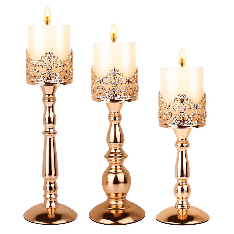 DRELIFAM Candle Holders for Pillar Candles Set of 3 Gold Vintage Tall Candle Holders Decorative Large Table Centerpieces Candle Stand Decor - Image 1