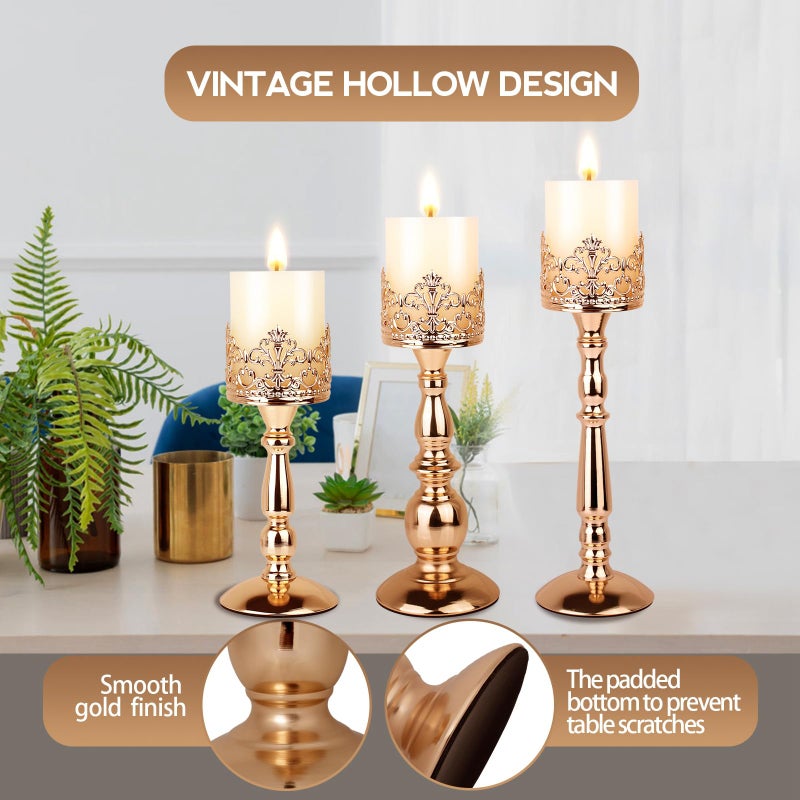 DRELIFAM Candle Holders for Pillar Candles Set of 3 Gold Vintage Tall Candle Holders Decorative Large Table Centerpieces Candle Stand Decor - Image 2