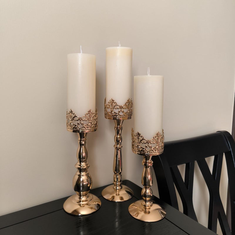 DRELIFAM Candle Holders for Pillar Candles Set of 3 Gold Vintage Tall Candle Holders Decorative Large Table Centerpieces Candle Stand Decor - Image 4