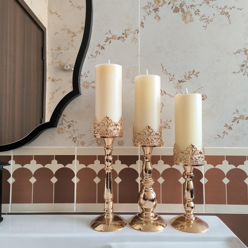 DRELIFAM Candle Holders for Pillar Candles Set of 3 Gold Vintage Tall Candle Holders Decorative Large Table Centerpieces Candle Stand Decor - Image 3