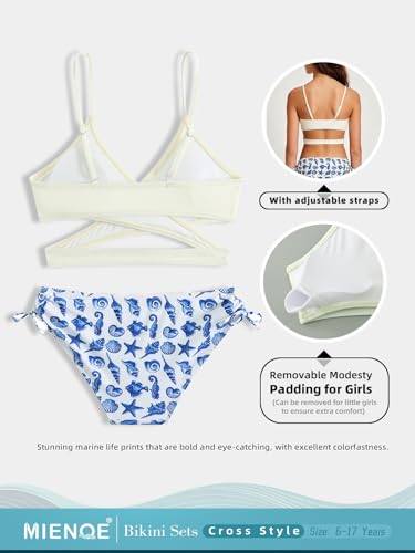 MIENOE Teen Girls' Bikini Set Two-Piece Swimsuit with Removable Chest Pads, Trendy Criss-Cross V-Neck, White Top & Blue Sea Creature Print Bottom, Big Kids, Size 14-15 Years - Image 3