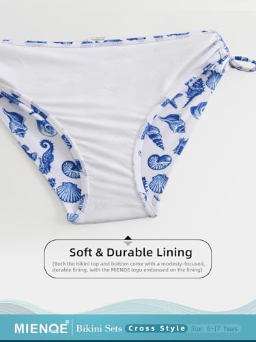 MIENOE Teen Girls' Bikini Set Two-Piece Swimsuit with Removable Chest Pads, Trendy Criss-Cross V-Neck, White Top & Blue Sea Creature Print Bottom, Big Kids, Size 14-15 Years - Image 5