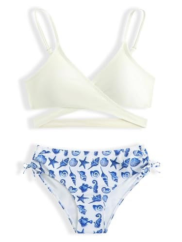 MIENOE Teen Girls' Bikini Set Two-Piece Swimsuit with Removable Chest Pads, Trendy Criss-Cross V-Neck, White Top & Blue Sea Creature Print Bottom, Big Kids, Size 14-15 Years - Image 1