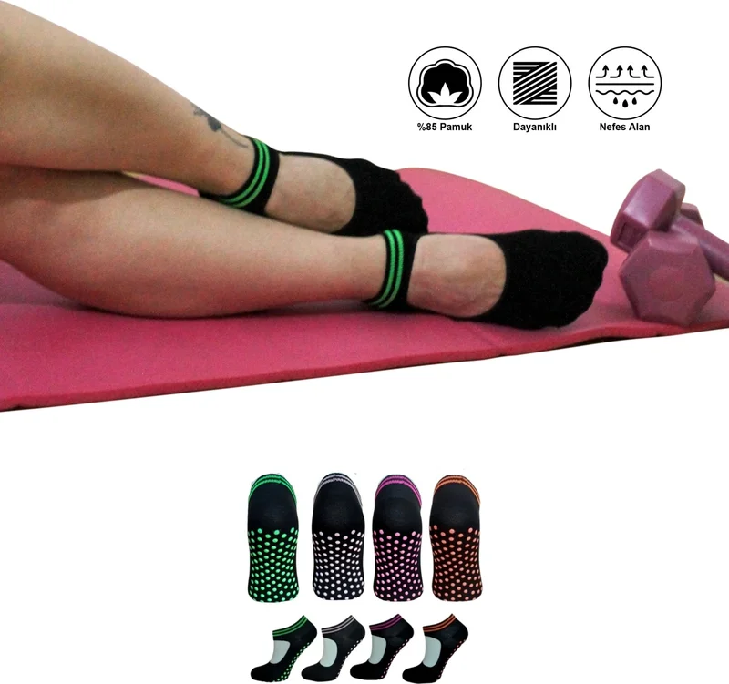 KBS 4 Pairs Cotton Colorful Anti-Slip Sole Silicone Printed Yoga Fitness Pilates And Activity Women's Socks