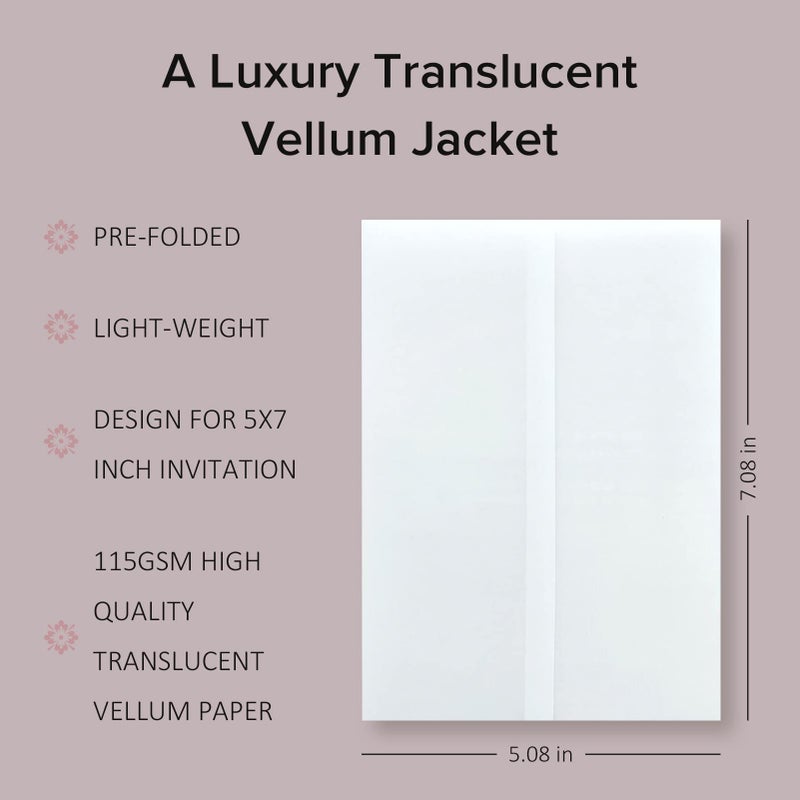 Puremigo 120 Pack Luxury Pre-Folded Vellum Jackets for 5x7 Invitations - Vellum Paper 5x7 Jackets - 115GSM Wedding Invitations Wraps - Transparent - Image 2