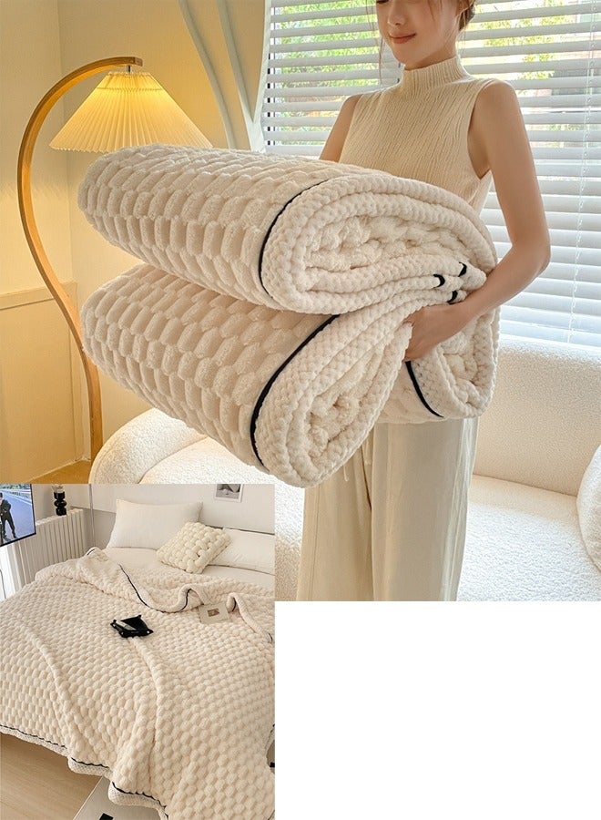 بطانية من الصوف الناعم، بطانية من الفرو الصناعي، بطانية فائقة النعومة، صوف فلانل حريري ممتاز، بطانية مريحة مزخرفة لجميع المواسم لأريكة السرير، 200 * 230 سم (بيج) - Image 1
