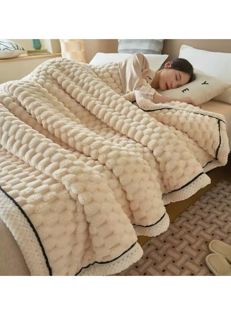 بطانية من الصوف الناعم، بطانية من الفرو الصناعي، بطانية فائقة النعومة، صوف فلانل حريري ممتاز، بطانية مريحة مزخرفة لجميع المواسم لأريكة السرير، 200 * 230 سم (بيج) - Image 4