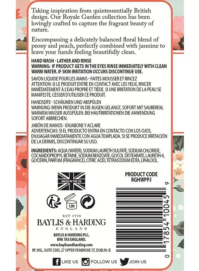 Baylis & Harding  Royale Garden Peach Peony and Jasmine Hand Wash, 500ml | Vegan | Fruity Floral Fragrance with Citrus | Gentle Cleansing, Uplifting and Relaxing | Paraben Free  | Best Price UAE