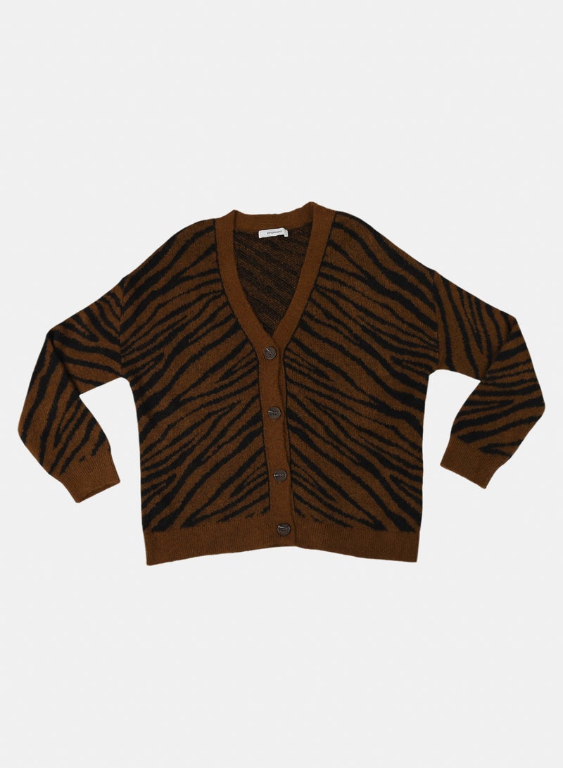 Promod Women's Brown & Black Zebra Print Knit Cardigan
