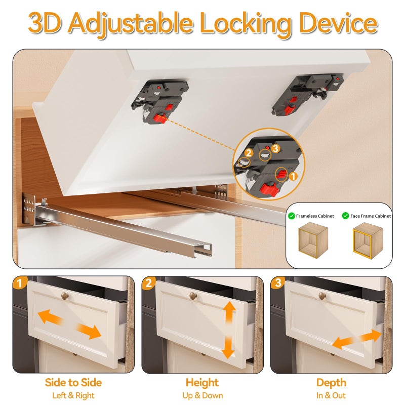 Chibery 12 15 18 21 Inch Undermount Soft Close Drawer Slides, Full Extension 3D Locking Device, Rear Mount Brackets, Concealed Bottom Mount Rails for face Frame Cabinet, 100 LBï¼ˆ18 inch, 1 Pairï¼‰ - Image 4
