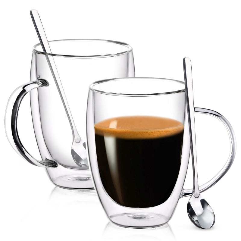FULGNU Double Wall Glass Coffee Mugs 12 Oz Clear Coffee Mugs with Handle Insulated Glass Coffee Mugs Set of 2 Perfect for Espresso Cappuccino Latte Americano Tea Bag Beverage