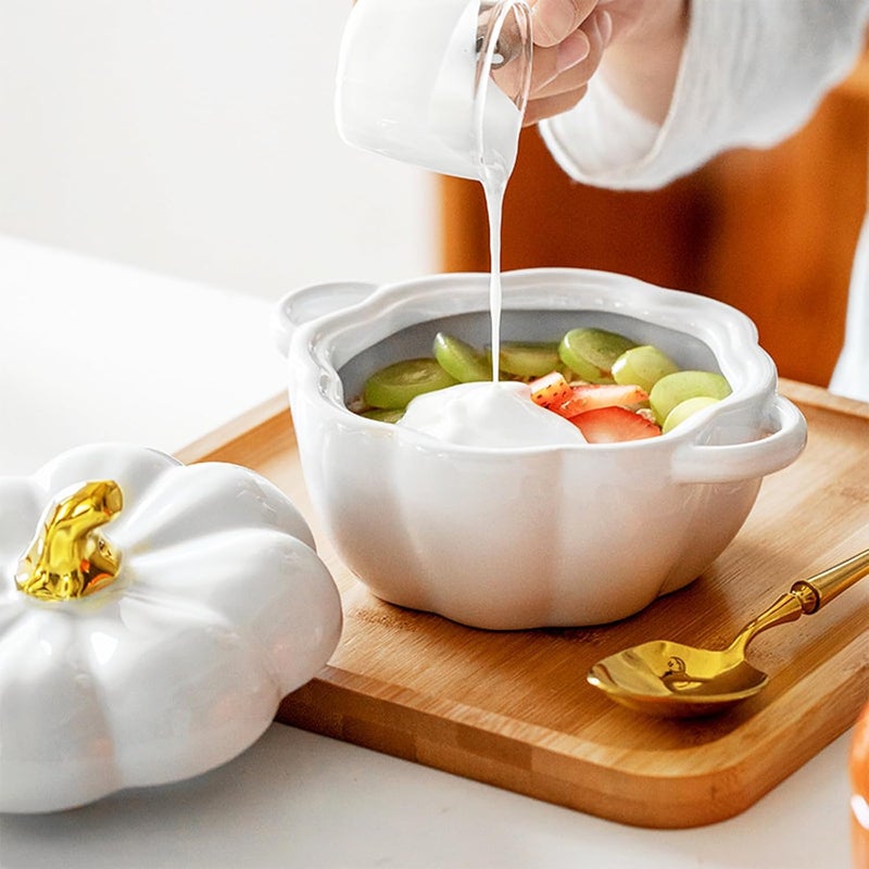 JUSTUP Dutch Oven Pot with Lid, Pumpkin Pottery Dessert Saucepan, Mini Baking Dish Cute Pumpkin Bowl, Covered Dutch Oven Ceramic Stockpot, White - Image 2