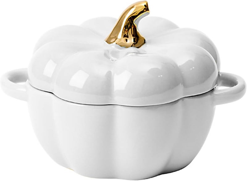 JUSTUP Dutch Oven Pot with Lid, Pumpkin Pottery Dessert Saucepan, Mini Baking Dish Cute Pumpkin Bowl, Covered Dutch Oven Ceramic Stockpot, White - Image 1