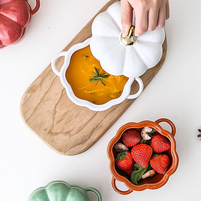 JUSTUP Dutch Oven Pot with Lid, Pumpkin Pottery Dessert Saucepan, Mini Baking Dish Cute Pumpkin Bowl, Covered Dutch Oven Ceramic Stockpot, White - Image 5