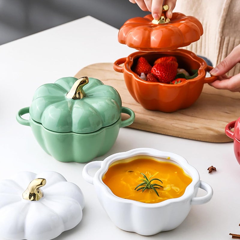 JUSTUP Dutch Oven Pot with Lid, Pumpkin Pottery Dessert Saucepan, Mini Baking Dish Cute Pumpkin Bowl, Covered Dutch Oven Ceramic Stockpot, White - Image 3