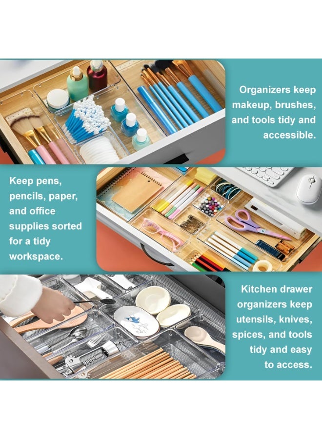 مجموعة من 11 منظم أدراج بلاستيكي لمستحضرات التجميل، منظم أدراج مانع للانزلاق، صناديق تخزين بلاستيكية للحمام وطاولة الزينة ومستحضرات التجميل والمطبخ والمكتب وصواني الأقلام شفافة مستوردة - Image 4