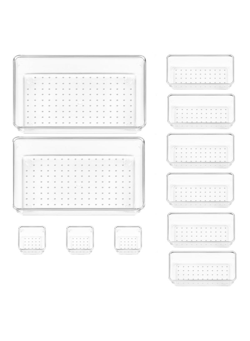 مجموعة من 11 منظم أدراج بلاستيكي لمستحضرات التجميل، منظم أدراج مانع للانزلاق، صناديق تخزين بلاستيكية للحمام وطاولة الزينة ومستحضرات التجميل والمطبخ والمكتب وصواني الأقلام شفافة مستوردة - Image 1