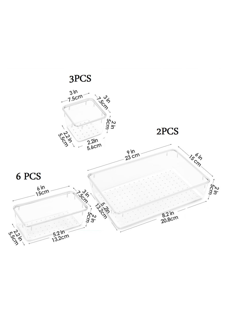 مجموعة من 11 منظم أدراج بلاستيكي لمستحضرات التجميل، منظم أدراج مانع للانزلاق، صناديق تخزين بلاستيكية للحمام وطاولة الزينة ومستحضرات التجميل والمطبخ والمكتب وصواني الأقلام شفافة مستوردة - Image 2