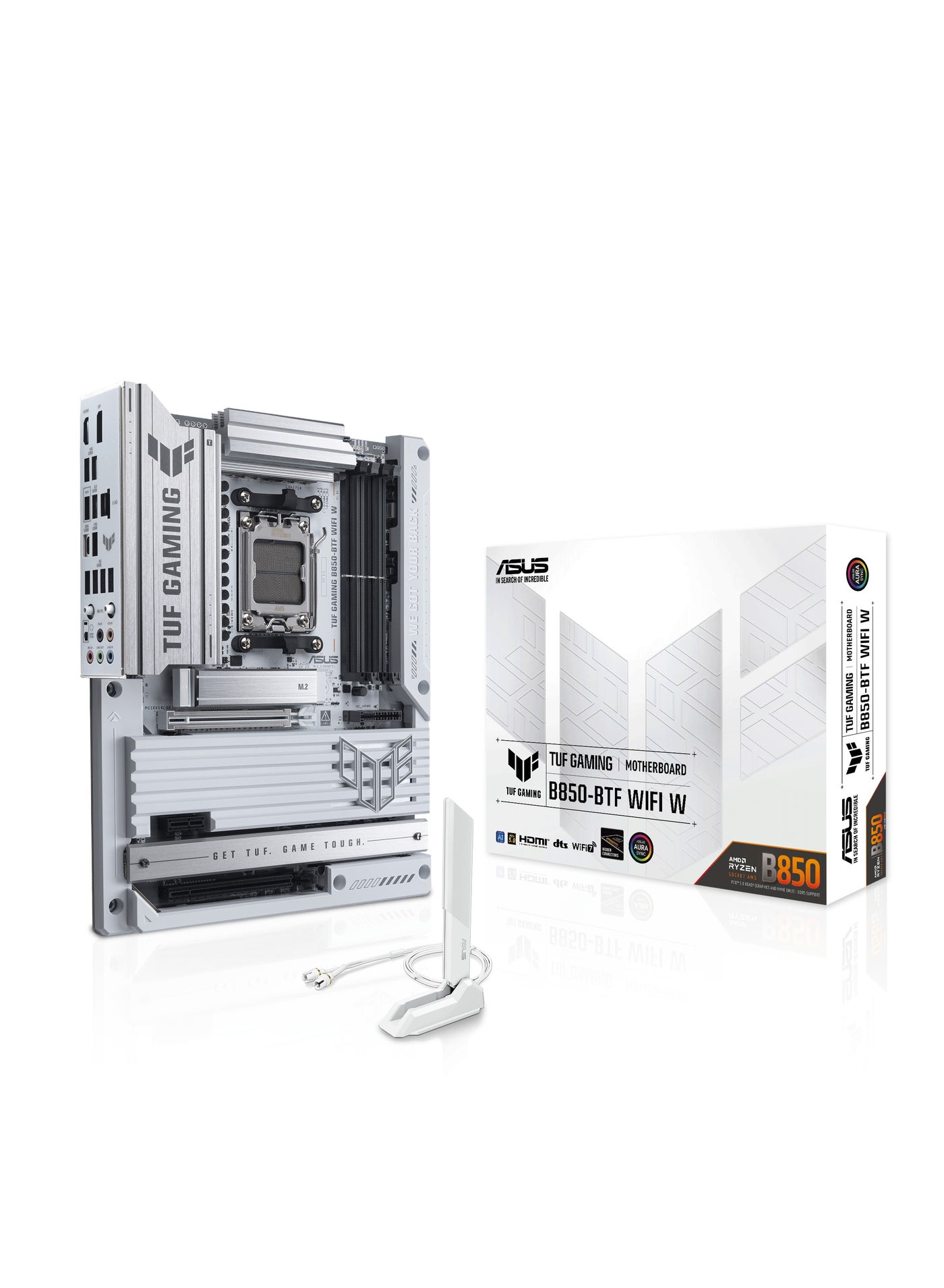 TUF Gaming B850-BTF WiFi W ATX Motherboard, AMD Socket AM5, Supports Ryzen 7000 Series, BTF Hidden Connector Design, DDR5 8000+ MT/s, PCIe 5.0 x16 & M.2, WiFi 7, 2.5Gb LAN, USB-C 20Gbps, 14+2+1 Power Stages, ALC1220P Audio, Aura Sync RGB, BIOS FlashBack, Q-Release, Front & Rear USB-C, White | 90MB1KW0-M0EAY0