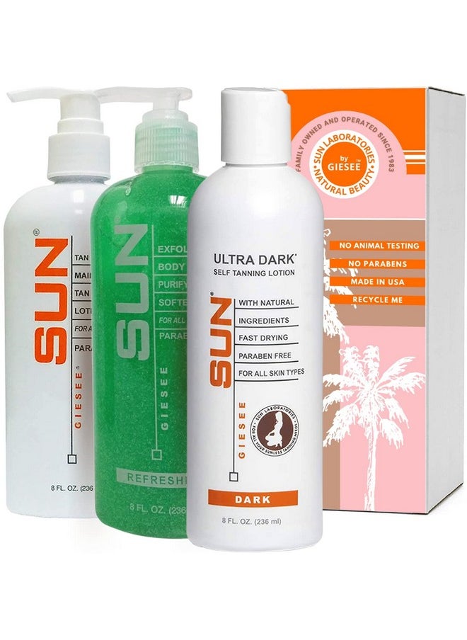 Sun Laboratories by Giesee Sun Laboratories By Giesee Self Tanning Lotion, Tan Maintainer, and Exfoliant Body Gel - 3-Pack 8 Oz. Bottles, Non-Toxic Self Tanner, Ultra Dark Sunless Tanning Lotion  - Image 1