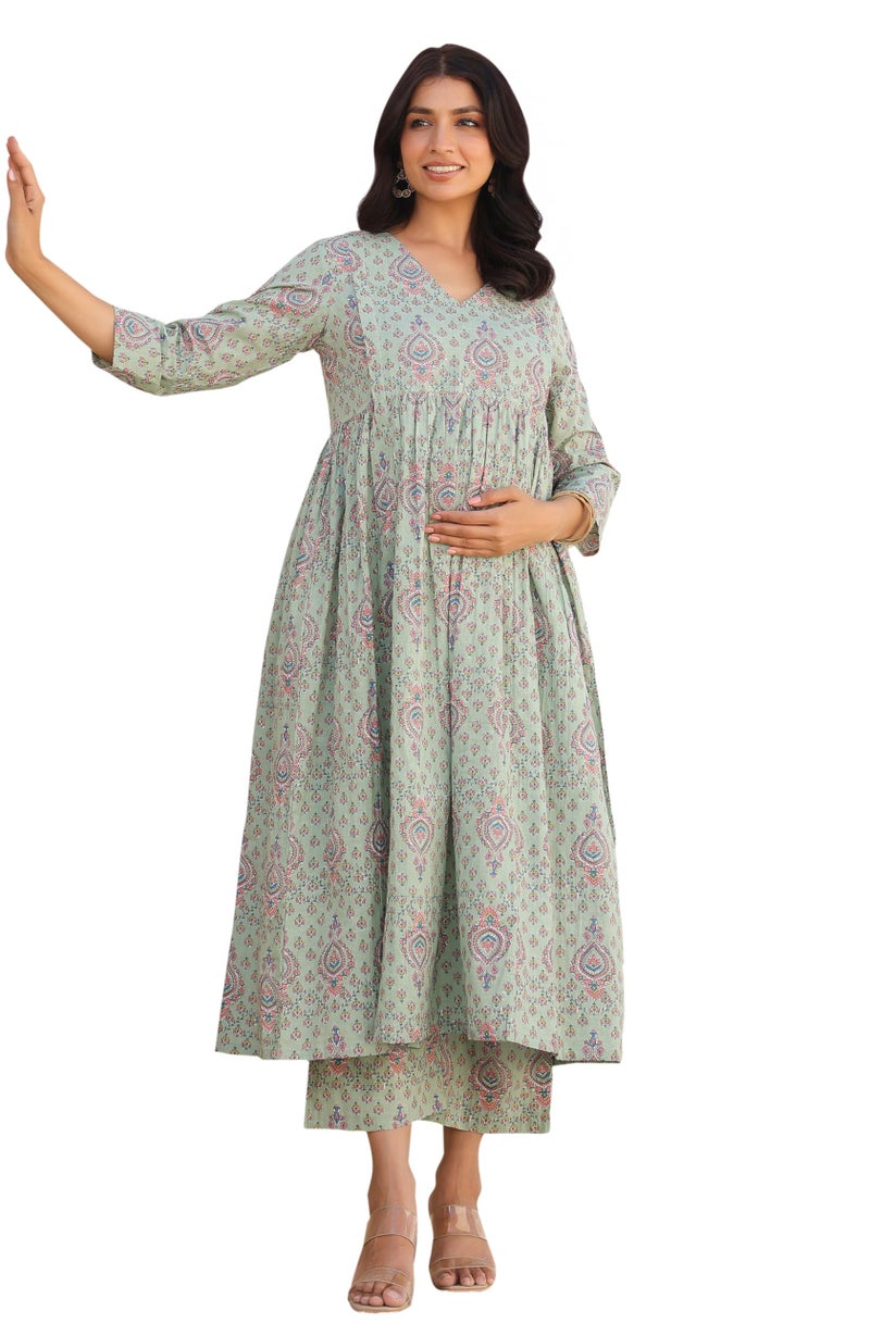 Janasya Women's Light Green Pure Cotton Floral Printed A-line Maternity Kurta Pant Set (MAA25CD01348-XL) - Image 1