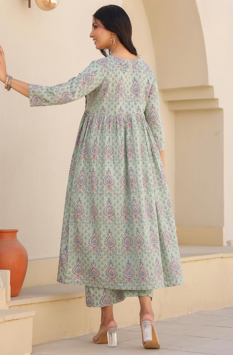 Janasya Women's Light Green Pure Cotton Floral Printed A-line Maternity Kurta Pant Set (MAA25CD01348-XL) - Image 4