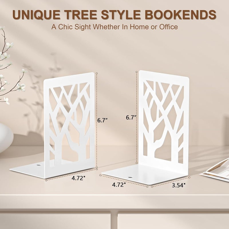 VFINE Withe Bookends 2 Pieces, Tree Design Bookends for Shelves, Metal Book Ends for Desk, Bookshelf Bookends Decoration Stylish Metal Book Ends for Home Office School Supplies - Image 2