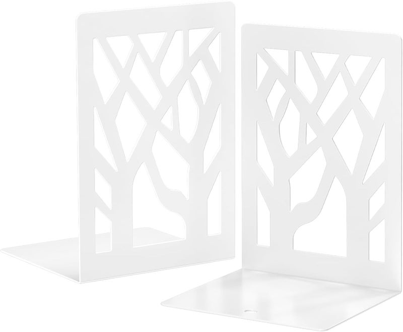 VFINE Withe Bookends 2 Pieces, Tree Design Bookends for Shelves, Metal Book Ends for Desk, Bookshelf Bookends Decoration Stylish Metal Book Ends for Home Office School Supplies - Image 1