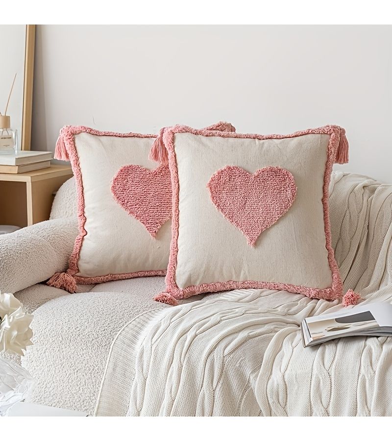 Two Geometric Pink Heart Embroidered Tufted Pillowcases With Tassel Zipper - Image 5