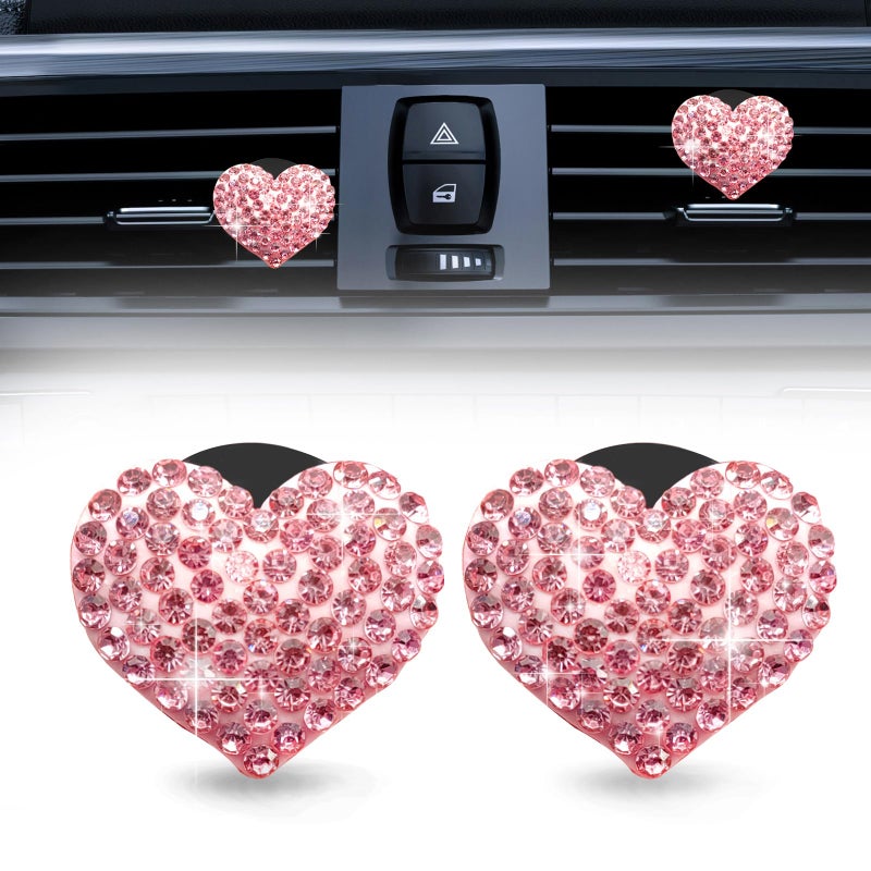 2Pcs Bling Crystal Heart Charms Car Vent Clips Air Conditioning Outlet Decorative Accessories for Women and Men Pink