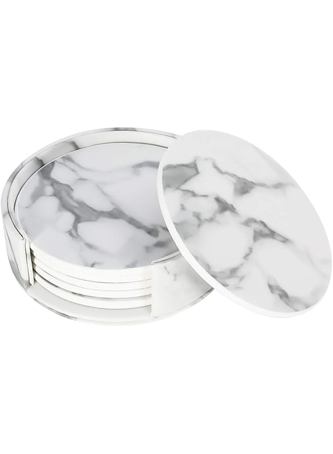 The Bros Marble Coasters Set of 6 Coasters with Holder for Drink Marble Placemats White Cup Mats Suitable for Kinds of Cups PU Leather Heat Resistant Tables & Home Decor Round - Image 1