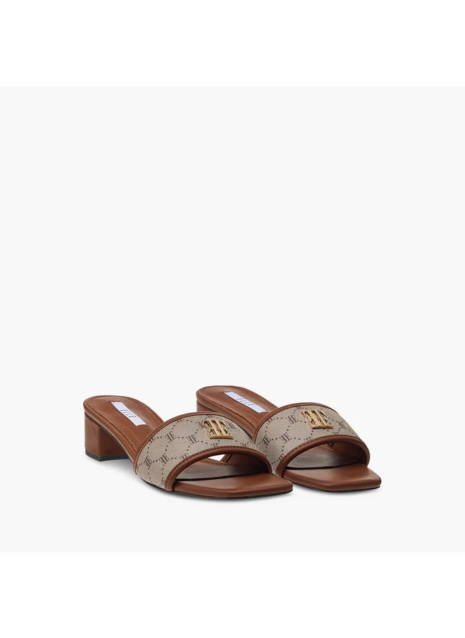 ELLE Women's Monogram Print Slip-On Sandals with Block Heels