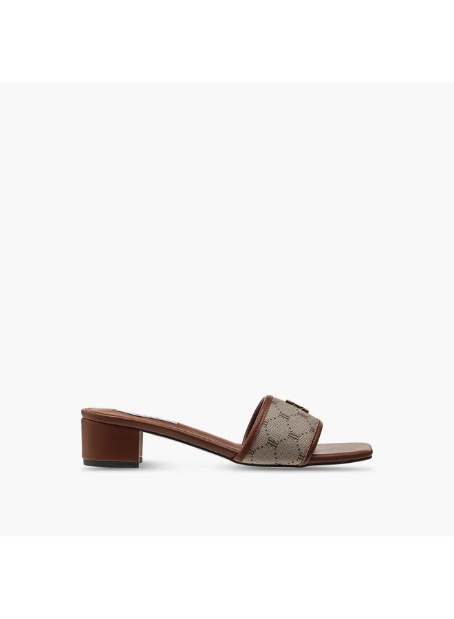 ELLE Women's Monogram Print Slip-On Sandals with Block Heels