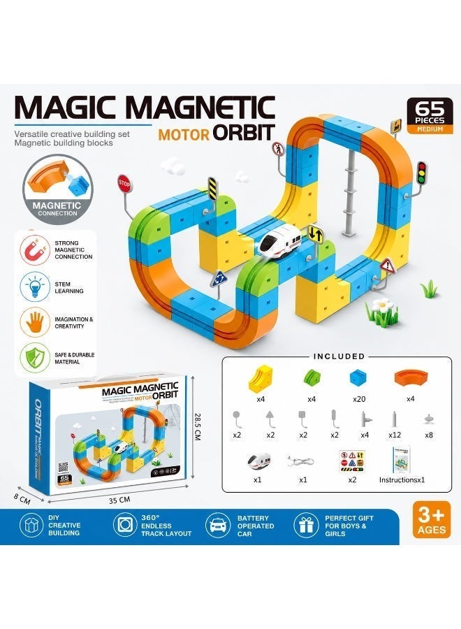 Twisoo 65PCS Magnetic Train Track Building Set with Motorized Electric Train | Magnetic Building Blocks DIY Railway Orbit Track | STEM Educational Construction Toy for Kids Boys & Girls Age 3+ - Image 1