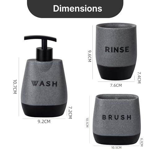 UMAI 3 Pcs Polyresin Bathroom Accessories Set | Liquid Soap Dispenser For Bathroom | Toothbrush Holder | Tumbler | Handwash Dispenser | Bathroom Accessories | Soap Dispenser For Kitchen | Black - Grey - Image 4