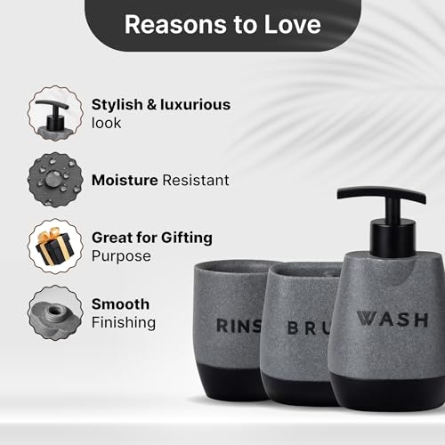 UMAI 3 Pcs Polyresin Bathroom Accessories Set | Liquid Soap Dispenser For Bathroom | Toothbrush Holder | Tumbler | Handwash Dispenser | Bathroom Accessories | Soap Dispenser For Kitchen | Black - Grey - Image 2