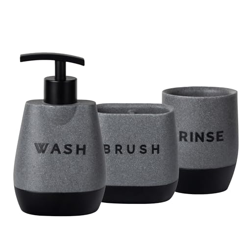UMAI 3 Pcs Polyresin Bathroom Accessories Set | Liquid Soap Dispenser For Bathroom | Toothbrush Holder | Tumbler | Handwash Dispenser | Bathroom Accessories | Soap Dispenser For Kitchen | Black - Grey - Image 1
