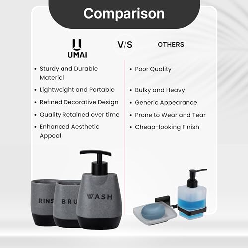 UMAI 3 Pcs Polyresin Bathroom Accessories Set | Liquid Soap Dispenser For Bathroom | Toothbrush Holder | Tumbler | Handwash Dispenser | Bathroom Accessories | Soap Dispenser For Kitchen | Black - Grey - Image 5