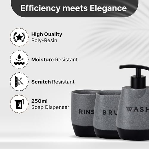 UMAI 3 Pcs Polyresin Bathroom Accessories Set | Liquid Soap Dispenser For Bathroom | Toothbrush Holder | Tumbler | Handwash Dispenser | Bathroom Accessories | Soap Dispenser For Kitchen | Black - Grey - Image 3
